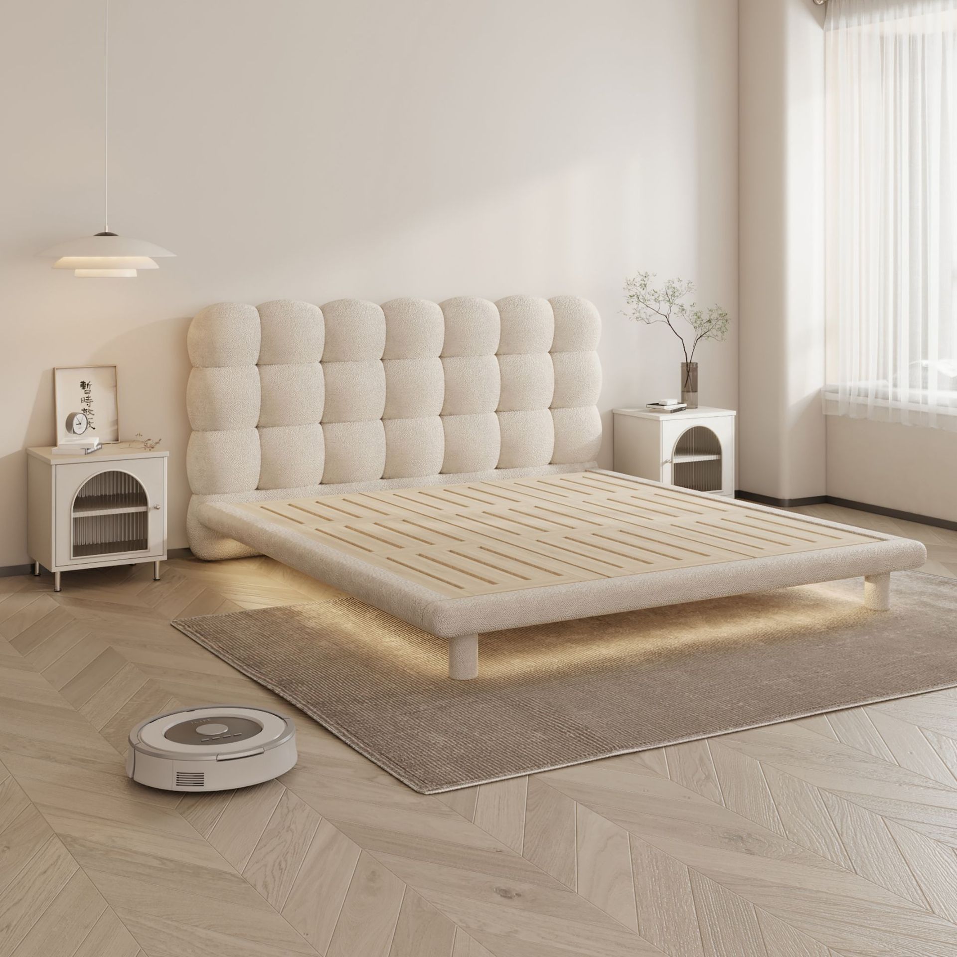 Cama de burbuja de crema francesa Cama de tela de cachemire Cama doble moderna simple Cama de princesa roja en línea Cama infantil