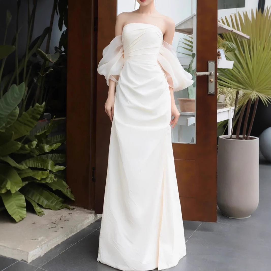 French-Style Light Wedding Dress 2026 New Strapless Bride Outdoor Photoshoot Morning Gown Dress Light Luxury Niche Reception Toast Dress