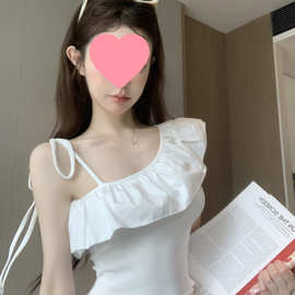 荷叶边单肩吊带衬衫女夏纯欲甜辣妹一字肩斜肩抹胸小上衣独别致