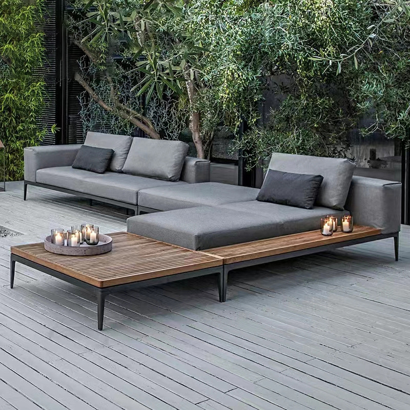 Nórdico ratán sofá muebles patio jardín Villa balcón al aire libre Hotel ocio al aire libre teca sofá combinación