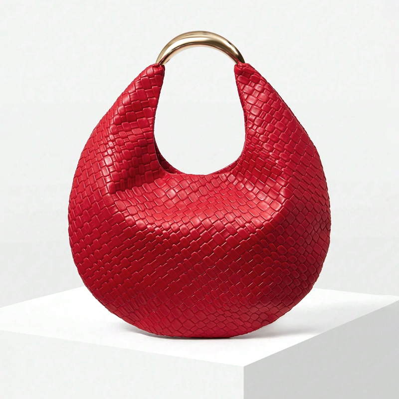 Red Woven PU Leather Shoulder Bag For Women Versatile Fashion High-End Wedding Evening Handbag Solid Color Zipper Closure_voghion.com