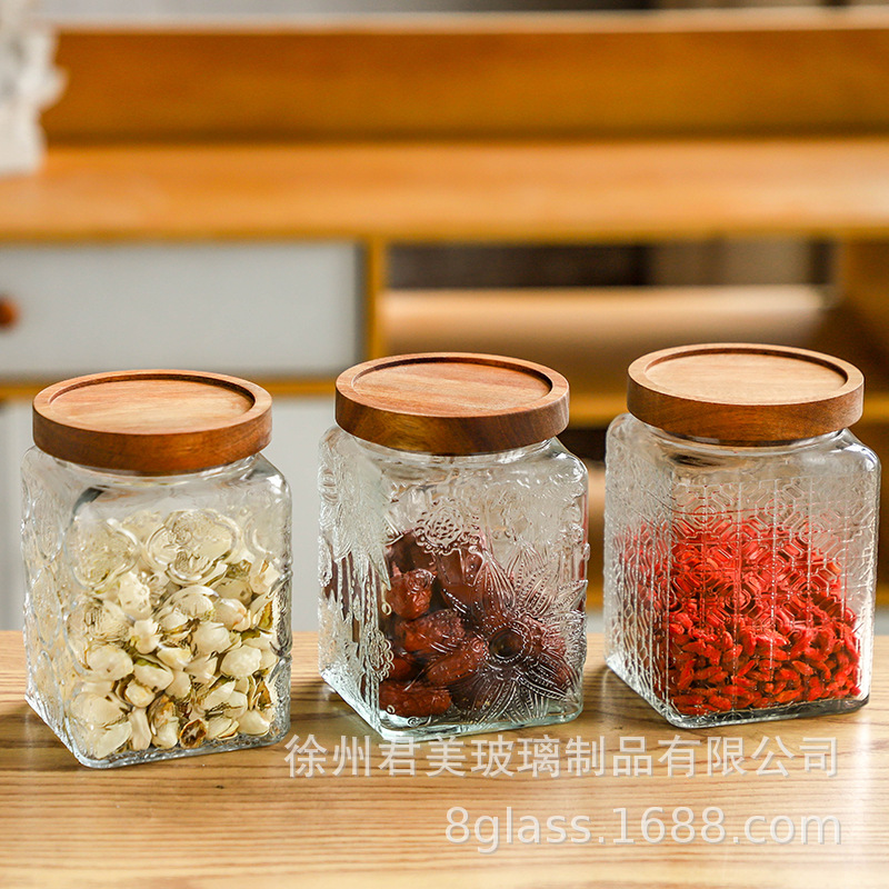 Tarro sellado de vidrio para el hogar al por mayor de fábrica Tarro de almacenamiento de flores de begonia cuadrado retro Tarro de té Tarro de almacenamiento de frutas secas