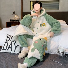 冬季加厚男士睡袍长款秋冬珊瑚绒卡通学生保暖睡衣家居服套装