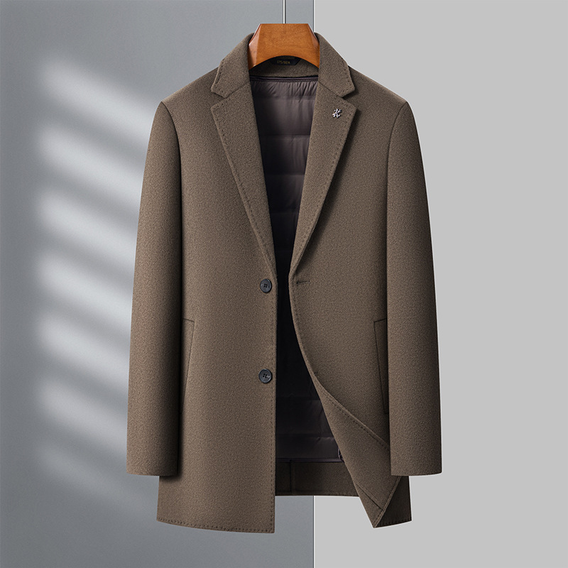Men's winter mid-length wool coat with detachable goose down lining, thickened and warm, wool suit collar.
