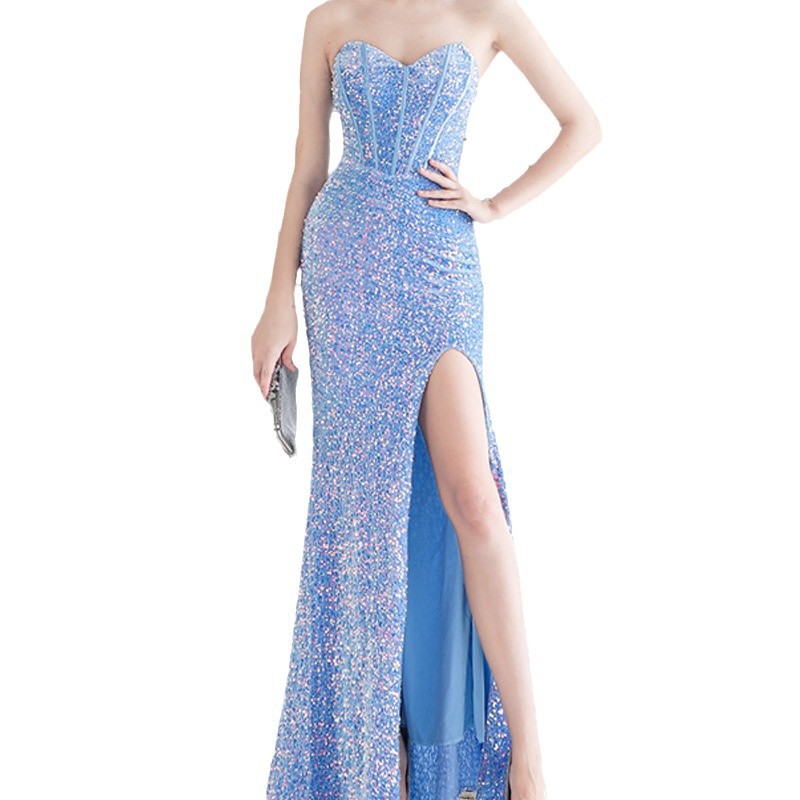 2025 ropa de primavera comercio exterior transfronterizo nuevos productos fantasía de cuentas de color detrás de la corda atada tipo sostén de horquilla lateral con el pecho vestido de noche de hueso de pez image 6