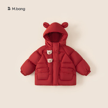 邦选童装小童外套冬季新品节日红色连帽女童衣服绗棉加厚儿童棉服