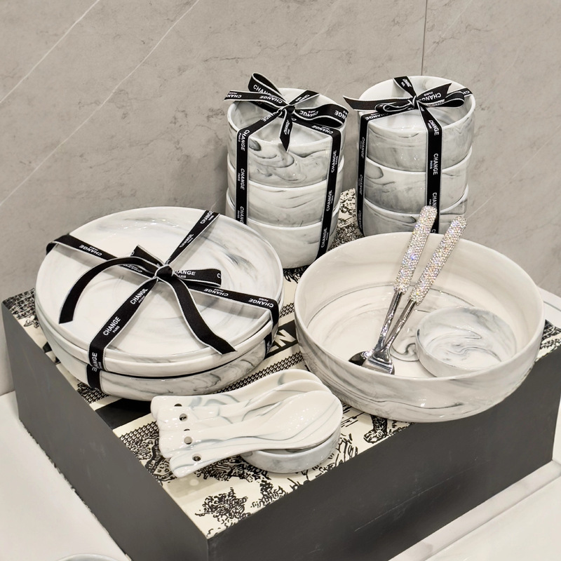 Marble Bowl and Plate Set for Home Use, Light Luxury Ceramic Tableware, Rice Bowls and Plates Combination, High-End Feel, Housewarming 2025 New Model