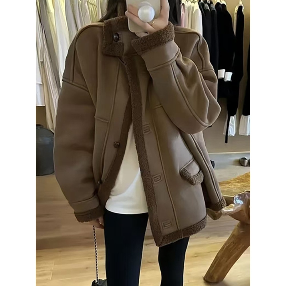 Lamb Wool Suede Fur All-In-One Warm Jacket for Women 2025 Winter New Stand-Up Collar Thickeneded Motorcycle Jacket Top