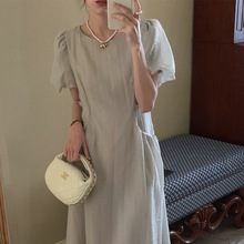 实拍 夏季法式复古 优雅气质 泡泡袖收腰显瘦口袋连衣裙女 3色