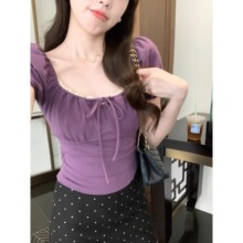 【270克人棉】安璃 甜美小众褶皱感显白方领紫色上衣神秘紫月光白