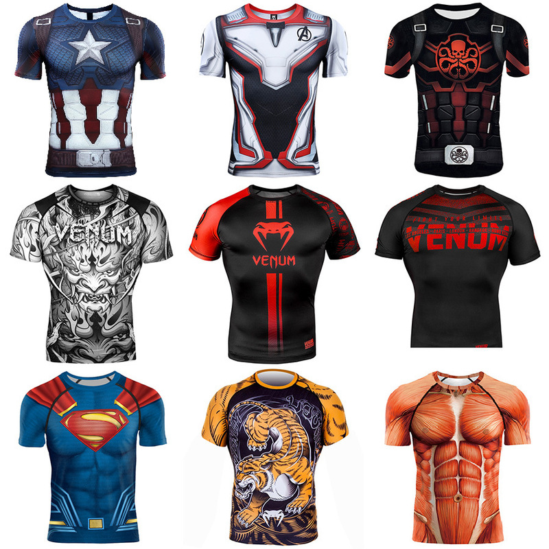 Avengers 4 Captain America 3D Printed Fish Scale Suit Marvel T-Shirt Men's Short-Sleeved Sports Fitness Suit