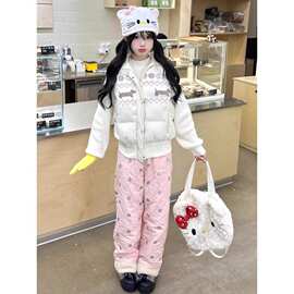 可爱学院风针织拼接立领棉服女冬季费尔岛腊肠狗印花棉衣外套