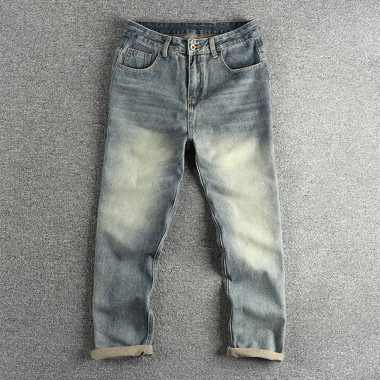 American Style Retro Blue Old Washed Micro Loose Straight Jeans Men's Fixed Woven Fabric All-Match Pants Boots Pants