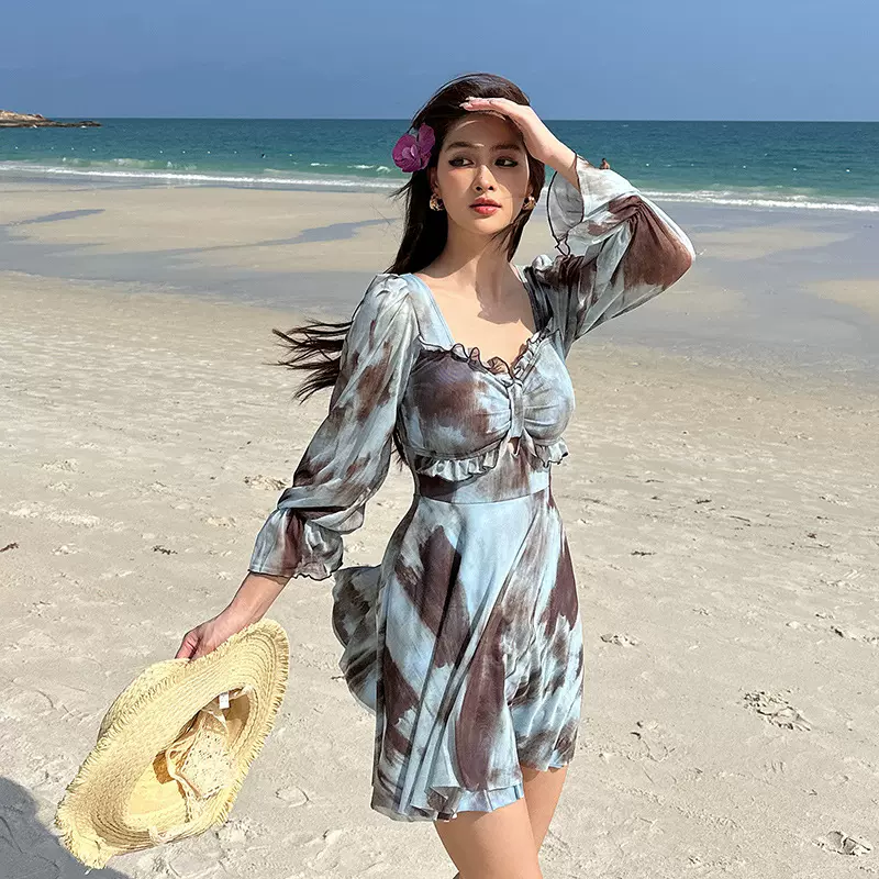 2025新款泳衣女保守平角连体裙式遮肚显瘦聚拢温泉长袖大码游泳装