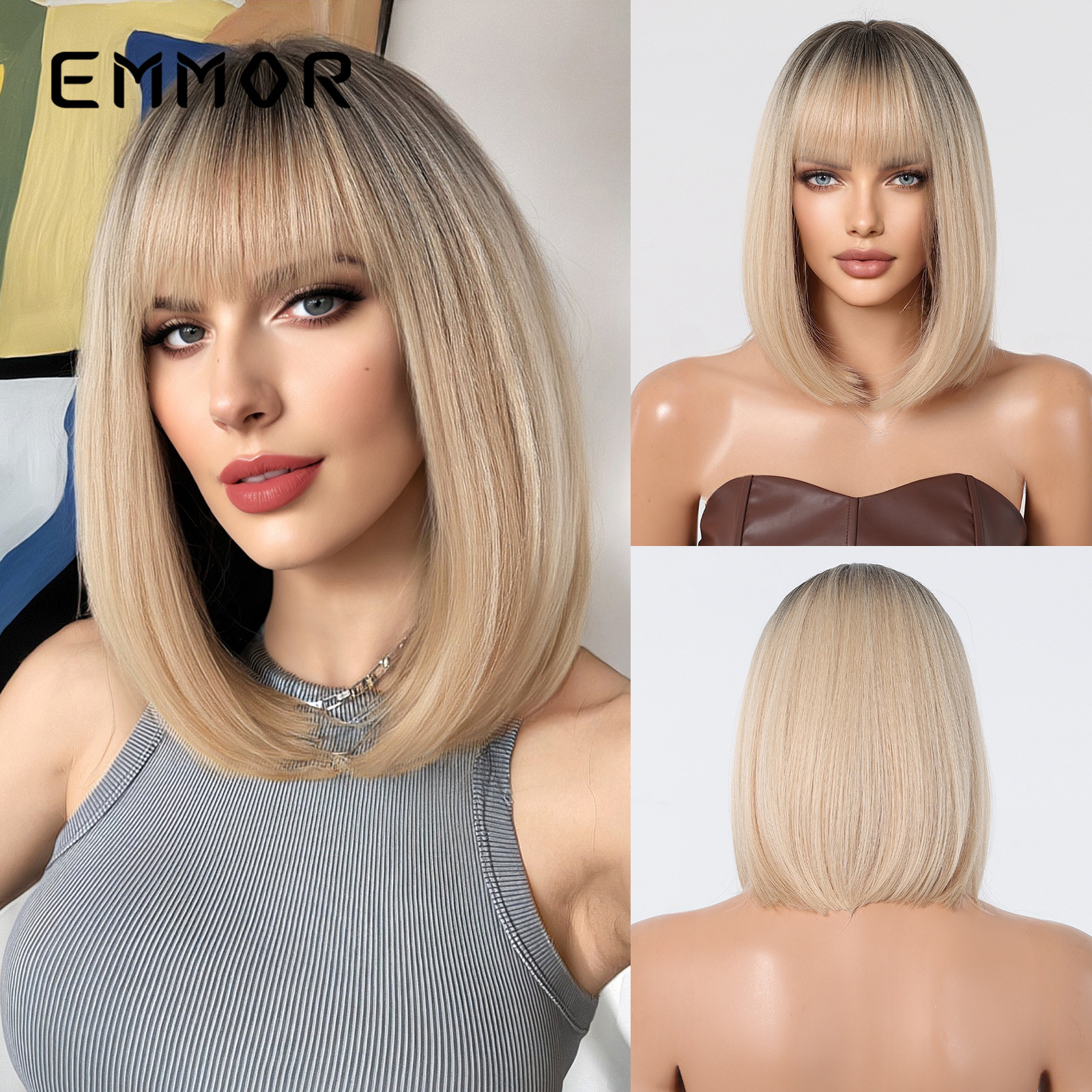 Nuevos productos de verano, flequillo transpirable natural, cabello corto y liso dorado, cabeza Bobo, peluca de estilo europeo y americano, cabello completo, wigs