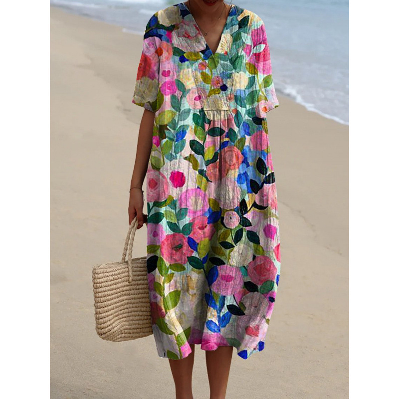 Cross-Border Independent Site Amazon Shirt Dress Women's Casual Floral 3D Printed Long-Sleeve Dress Cross-Border Independent Site Amazon Shirt Dress Women's Casual Floral 3D Printed Long-Sleeve Dress