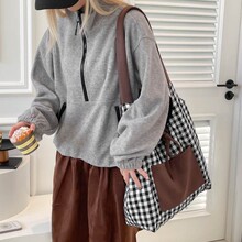韩系复古双面背格子包包女2025新款秋冬大容量轻便日常通勤单肩托