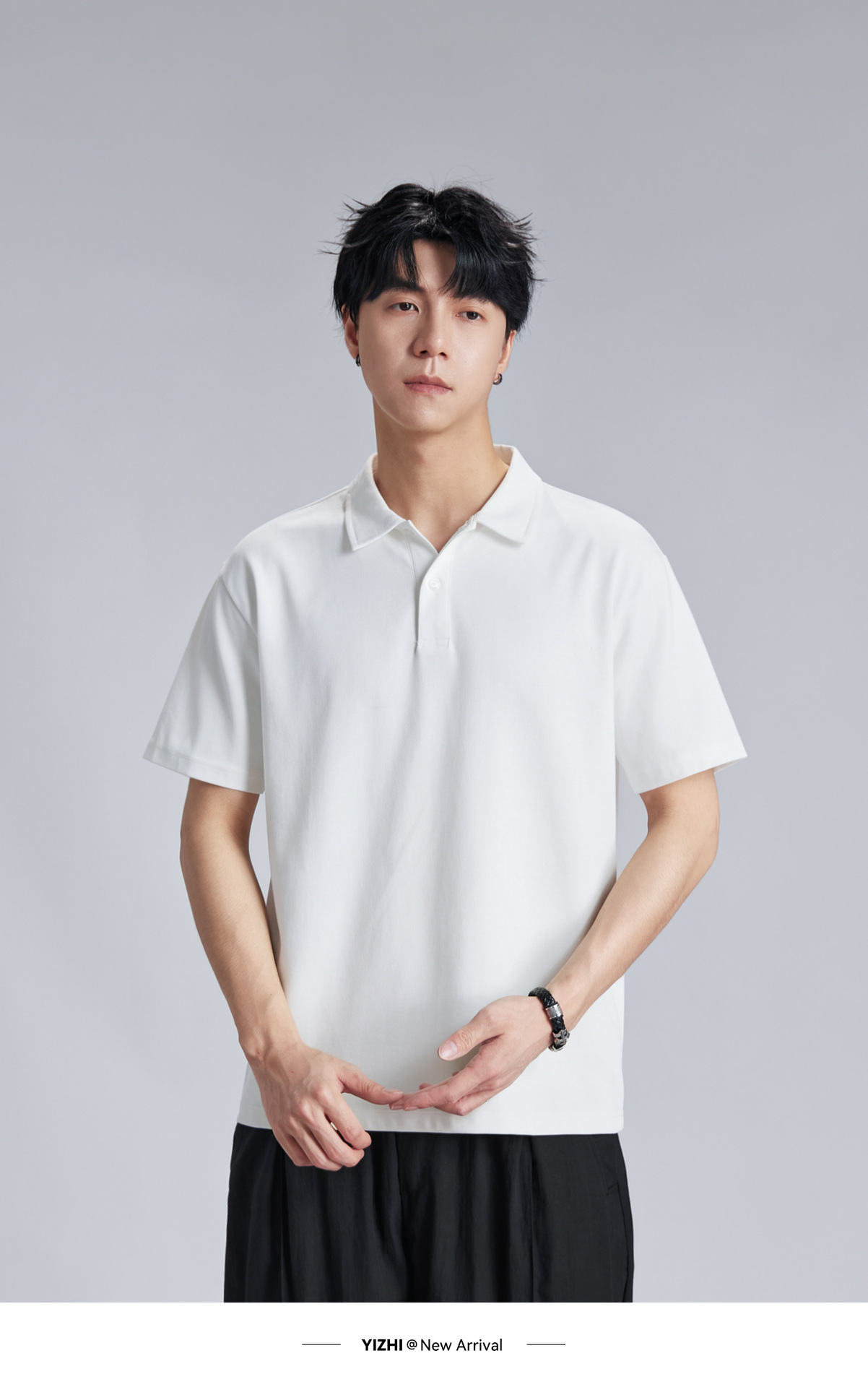 Áo polo nam cổ bẻ dáng rộng chất liệu cotton dày 220g, tay ngắn thoáng khí — đen chi tiết 12
