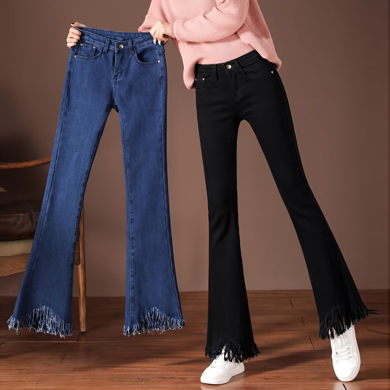 2024 Summer New Slim-Fit Flared Jeans for Women, High-Waisted, Stretchy, with Tassels, Cropped Bell-Bottom Pants