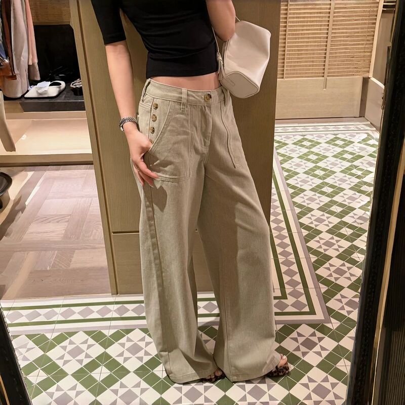 American retro style button-up design khaki low-waist straight-leg jeans for women, new autumn model, washed and distressed wide-leg pants American retro style button-up design khaki low-waist straight-leg jeans for women, new autumn model, washed and distressed wide-leg pants