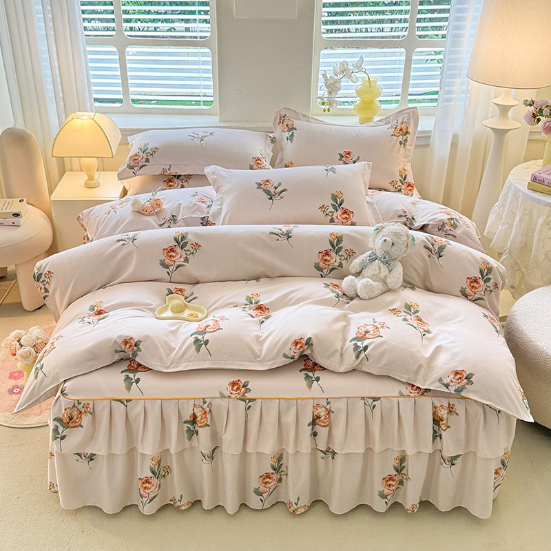 2026 New Aloe Vera Cotton Bed Skirt Four-Piece Set Korean Style Princess Style Lace Three-Piece Set Double-Layered Bedspread Bed Sheet