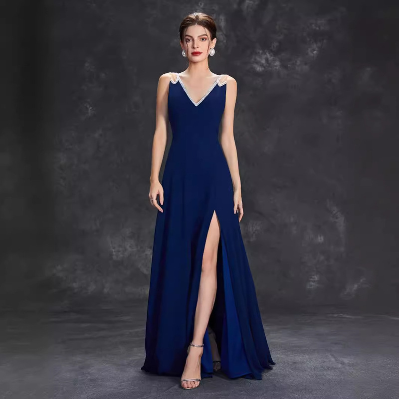 Cross-Border Solid Color Evening Dresses Women's Deep V Neck Sleeveless Split Formal Gown Cocktail Party Prom Long Dress Summer Cross-Border Solid Color Evening Dresses Women's Deep V Neck Sleeveless Split Formal Gown Cocktail Party Prom Long Dress Summer