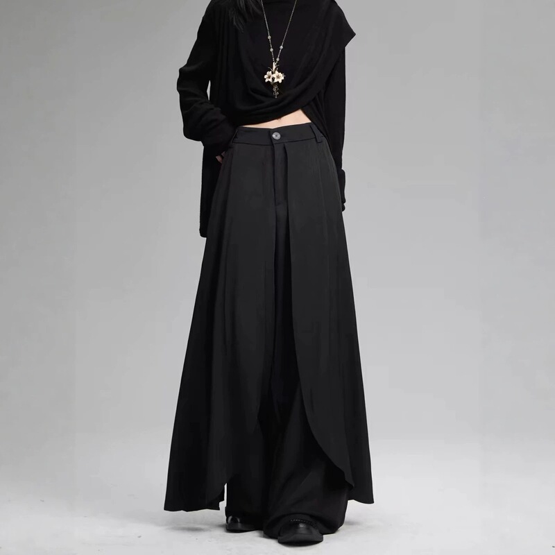 Chinese-style unisex casual wear, cool and dark-toned, double-layered design, drapey wide-leg skirt-pants, unisex casual versatile long pants Chinese-style unisex casual wear, cool and dark-toned, double-layered design, drapey wide-leg skirt-pants, unisex casual versatile long pants