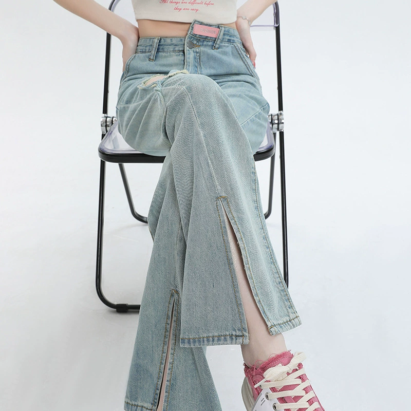 Рваные женские джинсы длиной до пола с высокой талией, летний тонкий новый стиль, кожаный бренд, свободные утягивающие прямые брюки с разрезом.