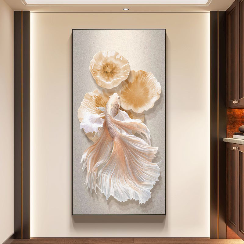 锦鲤入户玄关装饰画现代简约轻奢走廊过道壁画侘寂风茶室客厅挂画|undefined