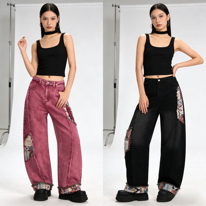 2026 Summer New Fashion Urban Casual Straight-Leg Pants Loose Personality Women's Wide-Leg Scimitar Jeans American Style
