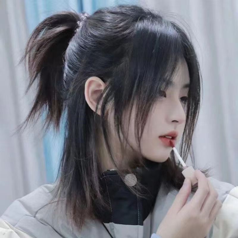 Bole wolf tail wig men's long hair warrior head black brown boys summer mullet head eight-character bangs short hair full head