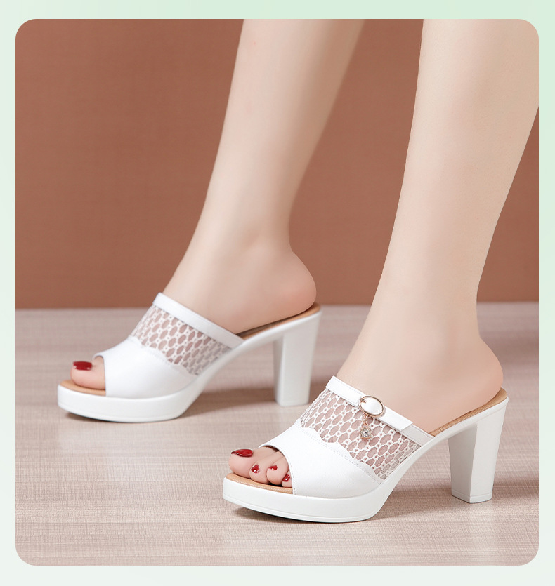 Dép sandal nữ quai chữ V đế xuồng gót trung bình lưới rỗng mềm mại — Đen 10CM, Trắng 10CM, Màu trắng 8CM, Đen 8CM chi tiết 7