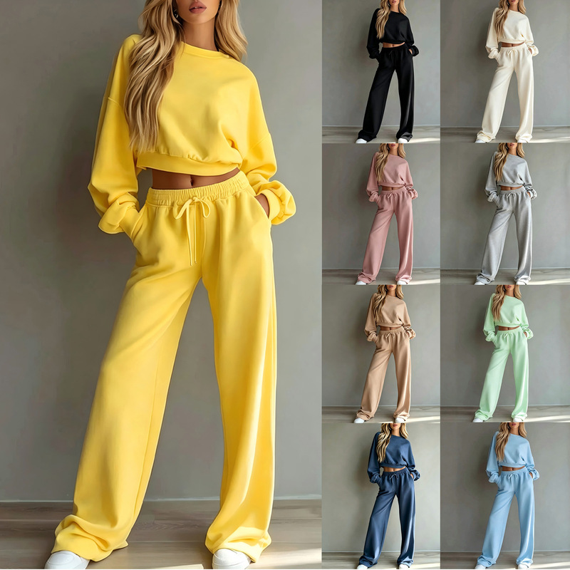 2026 New European and American Style Autumn/Winter Casual Minimalist Short Long-Sleeve Sweatshirt and Wide-Leg Pants Set 2026 New European and American Style Autumn/Winter Casual Minimalist Short Long-Sleeve Sweatshirt and Wide-Leg Pants Set