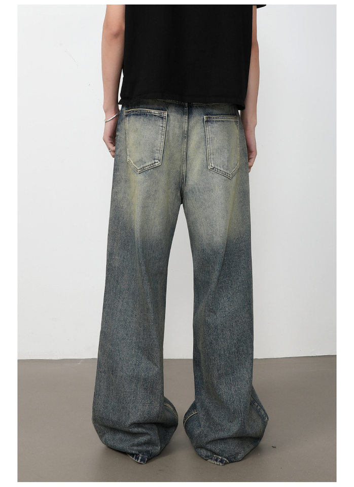 Quần jeans nam dáng rộng ống đứng phong cách retro Mỹ, giặt mài làm cũ — Màu xanh dương chi tiết 10