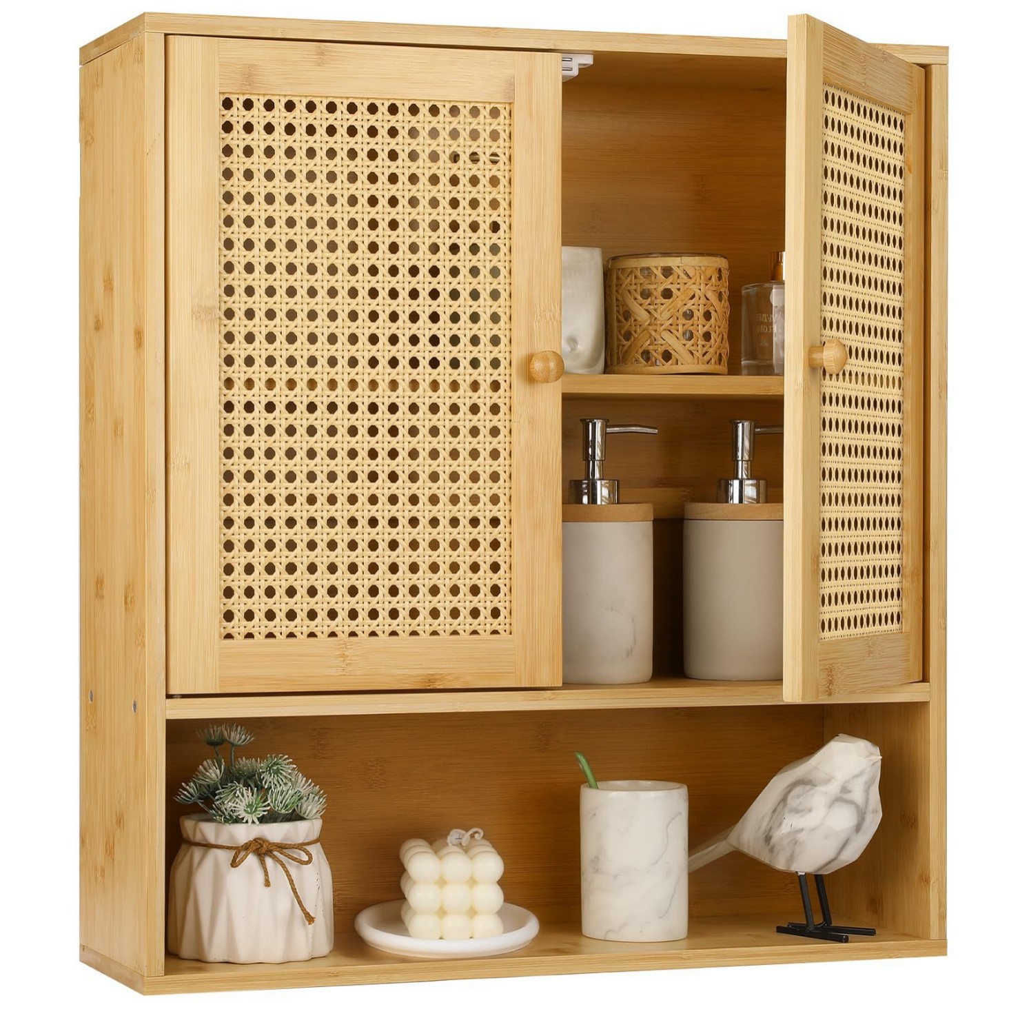 Wall-Mounted Rattan Medicine Cabinet with Shelves and Overhead Wall Cabinets for Storage in Laundry Room, Kitchen, and Living Room