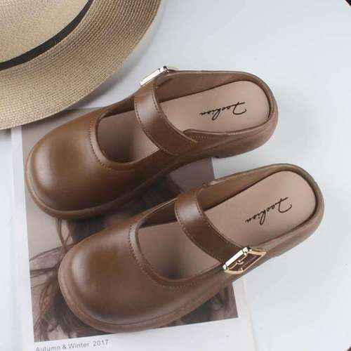 Baotou half-slippers women's outdoor British-style shoes, indoor non-slip thick-soled retro Mary Jane sandals with soft soles