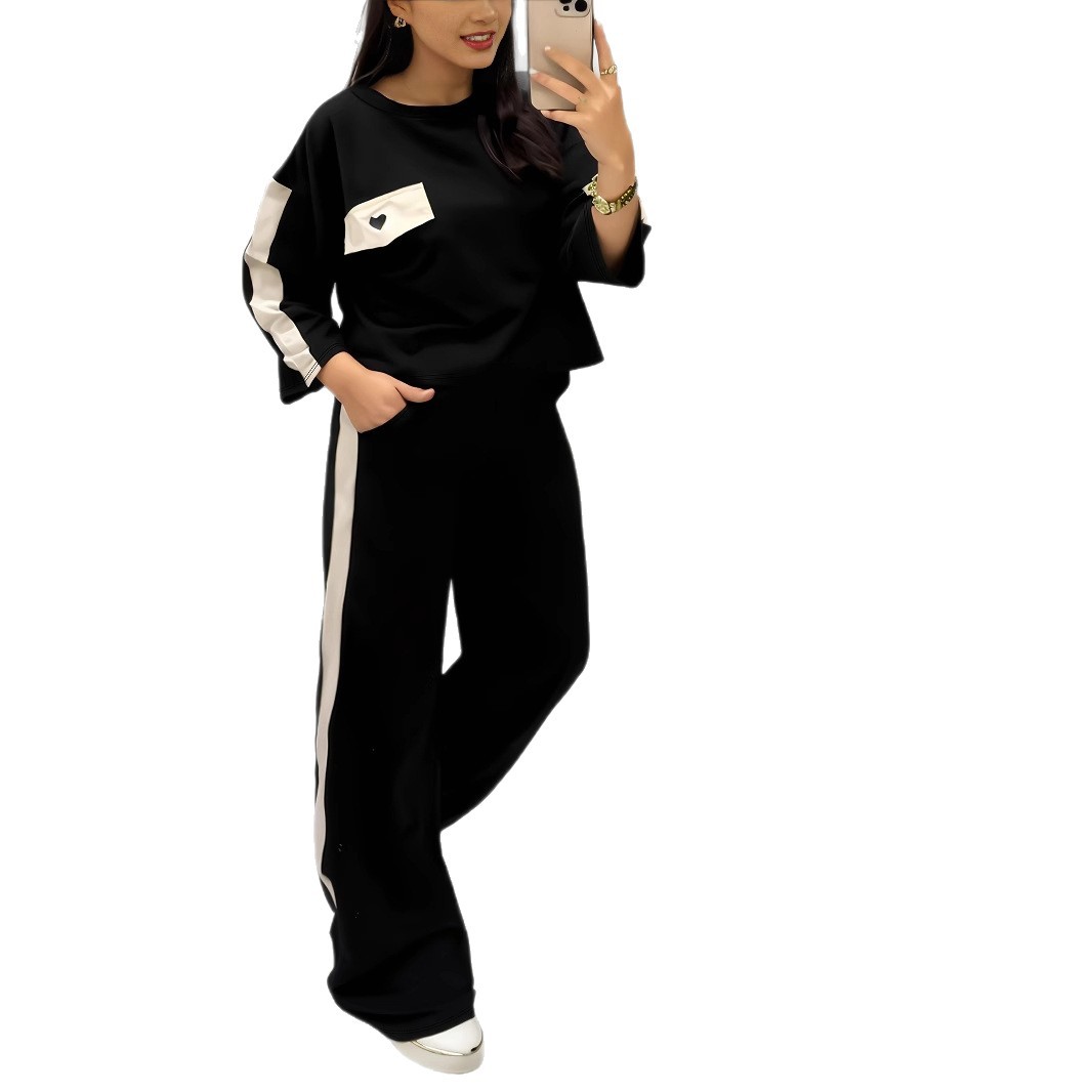 Women's Casual Short Sleeve Top With Color Blocking And Straight Leg Pants Two-Piece Lounge Set Versatile For Multiple Occasions_ecoleips.com