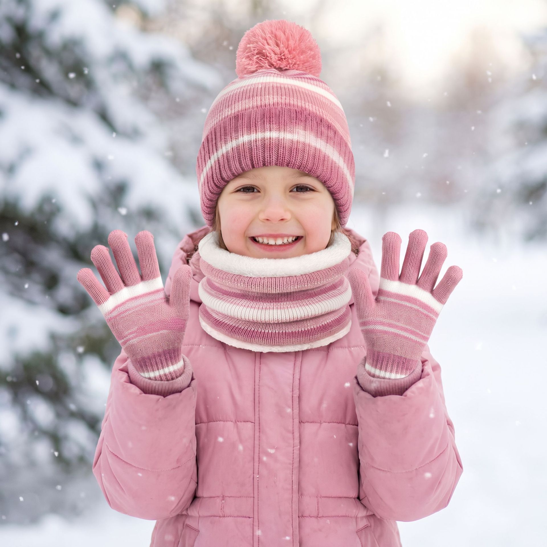 Cross-Border Children's Hat, Scarf, and Glove Three-Piece Set, Striped Autumn and Winter Knitted Fleece Kindergarten Warm Suit for Export