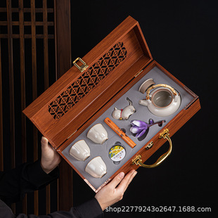 High-End Ceramic Business Gift Set, Logo Ice Gray Tea Set with Fragrance, as a Souvenir Gift for Customers, Leaders and Elders