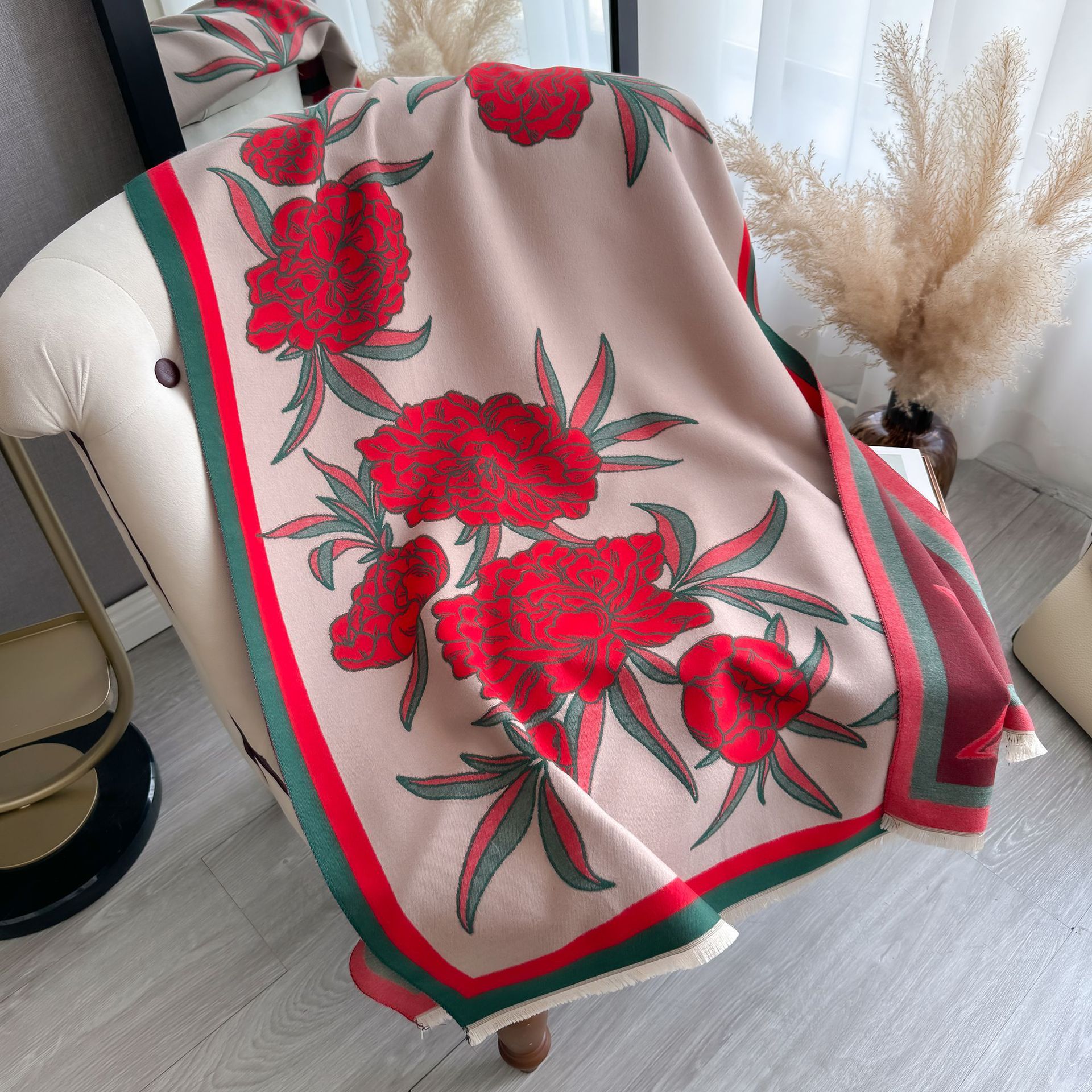 Flores y plantas de moda imitación de cachemira temperamento bufandas de doble cara mujeres invierno coreano variedad gruesa buñuelo caliente