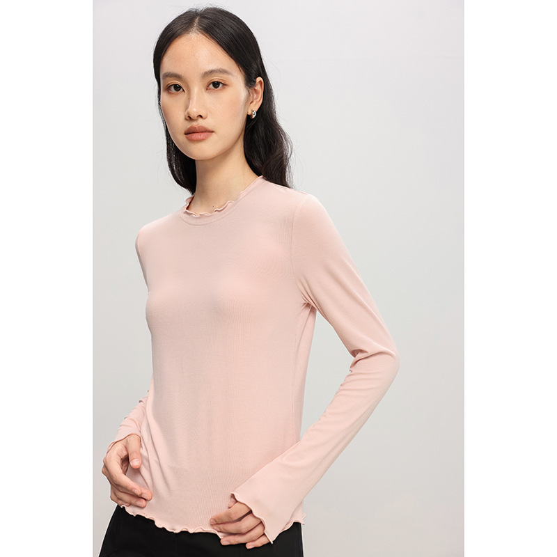 【Off-Season Special】Non-Iron Comfortable Ruffled Long-Sleeve Base Shirt for Women, Solid Color Pullover Top for Autumn