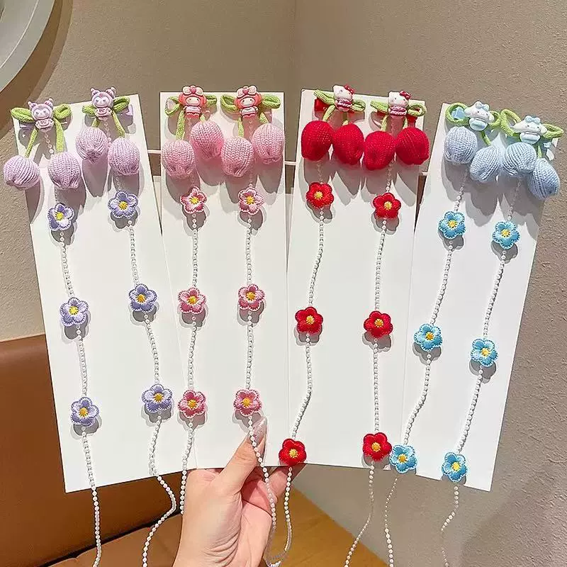 儿童毛线郁金香发夹珍珠编发发链小女孩公主发卡女童花朵飘带头饰