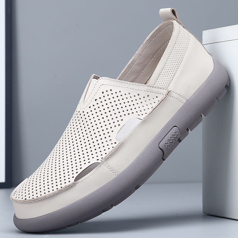 2026 Summer New Genuine Leather Shoes, Breathable Men's Hollow Casual Shoes, Breathable Thick-Soled Clogs, Summer Non-Slip Shoes
