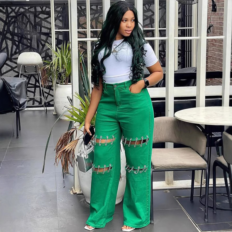 European and American women's high waist jeans Amazon cross-border women's 2025 new stitching casual hole nail chain pants