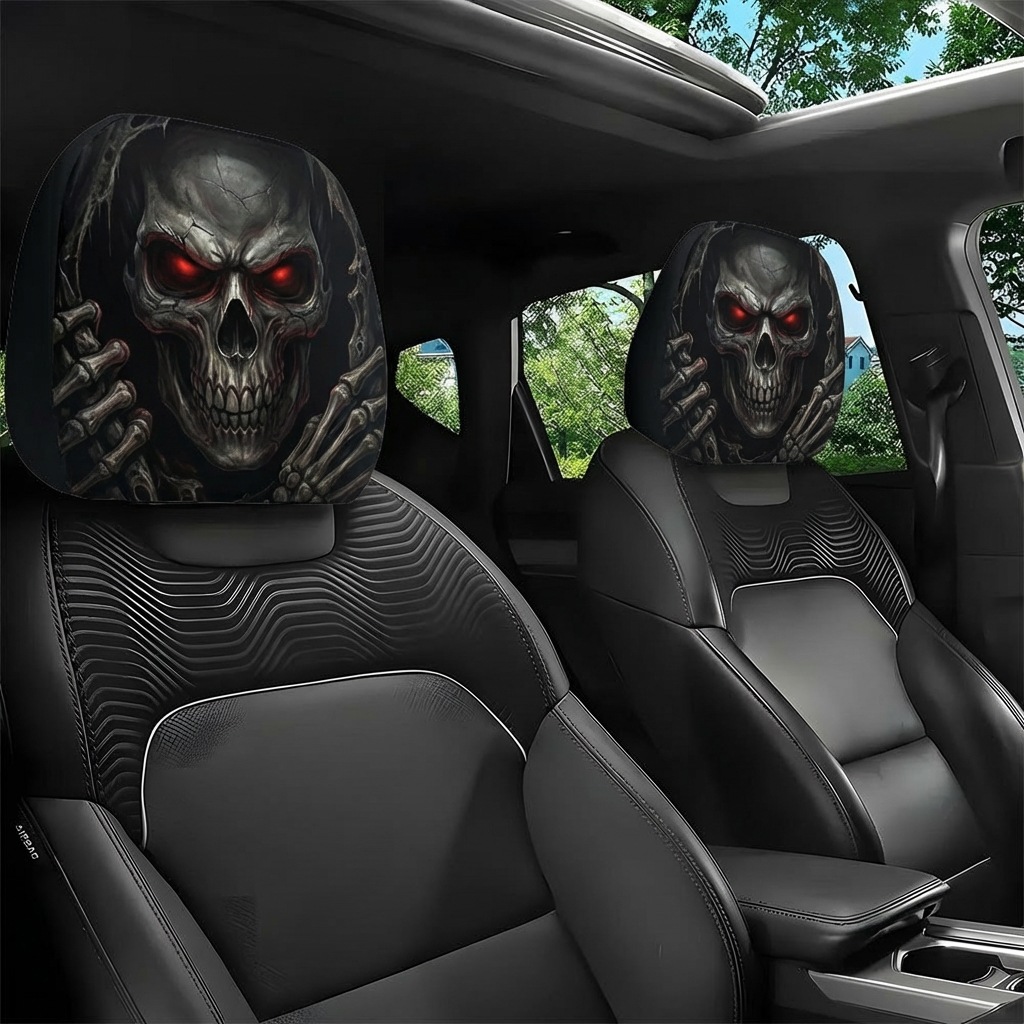 Car Headrest Cover with Red-Eyed Skull Personalized Print, Universal Neck Pillow Cover for Car Interior, Can Be Labeled and Shipped, Custom Production from Provided Images