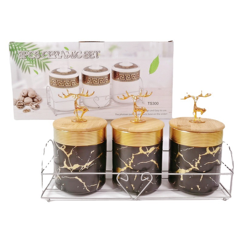 Exportación transfronteriza de almacenamiento de cerámica tarro galvanoplastia sellado tarro cocina condimento tarro con marco de hierro caramelo de almacenamiento tarro traje
