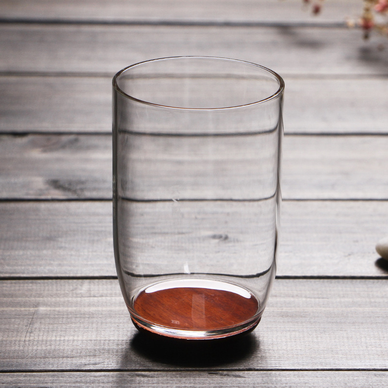 Vidrio transparente grueso resistente al calor inferior de madera aislamiento térmico de doble capa taza de té verde taza de agua creativa flor taza de té Tianjiu glass