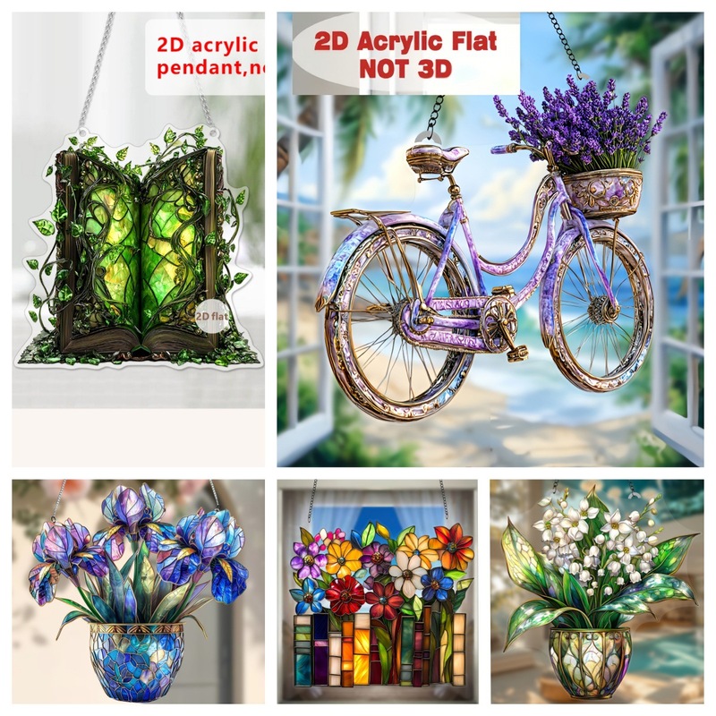 国境を越えた新しい緑の植物鉢植え自転車 2D フラットアクリル窓ポーチ家の装飾吊りペンダント|undefined