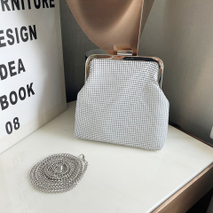 跨境歐美簡約純色亮片晚宴包女士鏈條斜跨手拿包網紅金屬網單肩包