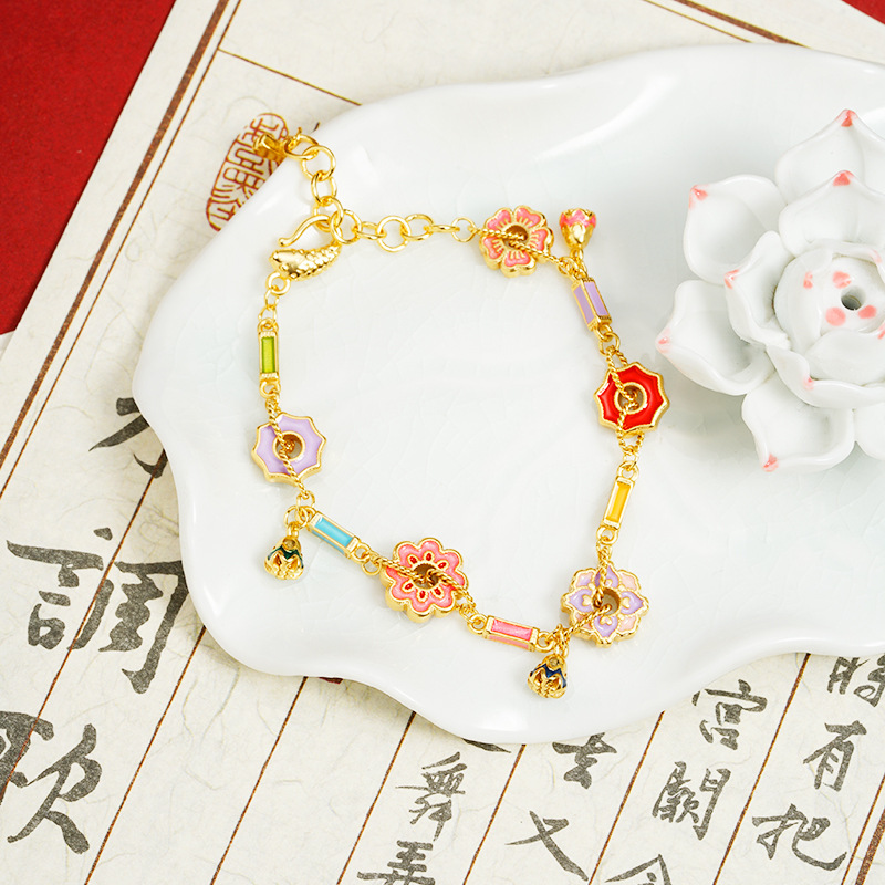 Brazalete de oro de arena vietnamita esmalte de color flor flor frisa pulsera dulce mujer no se desvanece joyas de mano al por mayor